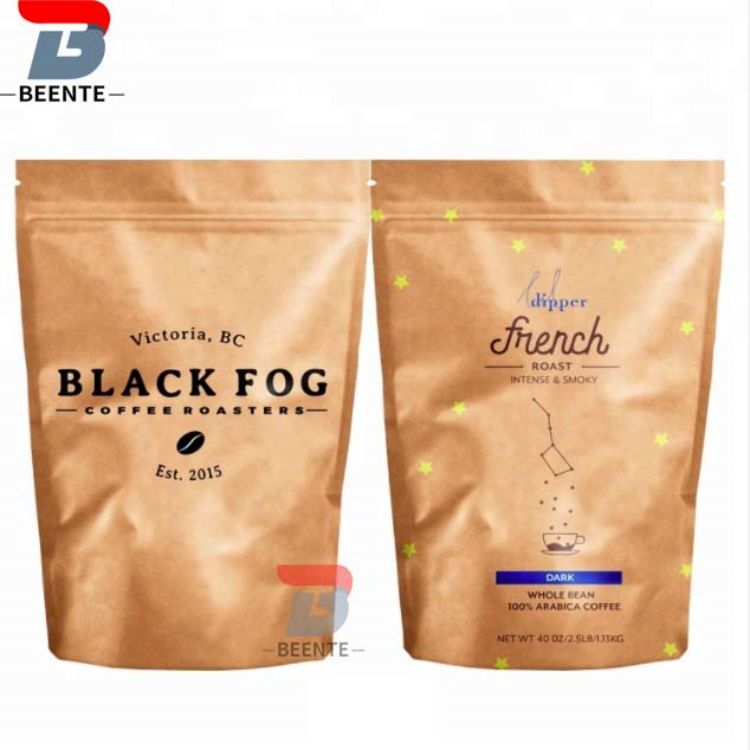 Kemasan Food Grade Snack Packaging Kraft Paper Bag Kanthi Kunci Zip Ngadeg Pouch